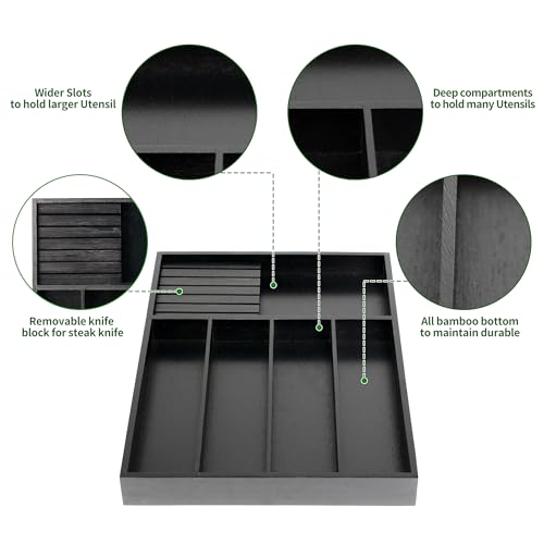 VaeFae Bamboo Silverware Organizer, Utensil Holder for Drawer, Wooden Cutlery Tray with Divider for Kitchen Drawer, Utensil Organizer with Knife Block（Black） - color: Black, size: Small - Non-expandable with Block
