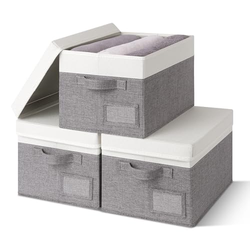 GRANNY SAYS Storage Bins with Lids, Collapsibe Clothes Organizers and Storage, Storage Baskets for Shelves, Decorative Storage Boxes with Lids, 3-Pack, Gray&Ivory - color: White&Gray, size: Medium
