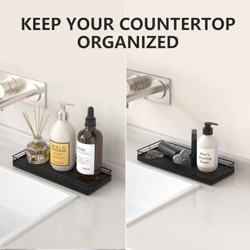 Bathroom Tray for Counter Top Organizer – Oak Wood Vanity Tray with Metal Frame for Dresser, Kitchen, Nightstand – Black Decorative Storage - color: Black, size: 11" x 4.5" x 1.5"
