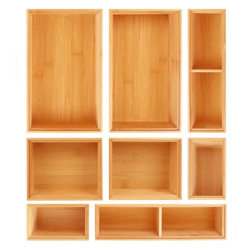 Bamboo Drawer Organizer Set, 8 PCS Multi-Use Wood Drawer Storage Boxes, Junk Drawer Organizer Divider Bins for Kitchen, Bathroom, Office Desk, Makeup, Jewelry, Utensils - color: Natural, size: 8PCS
