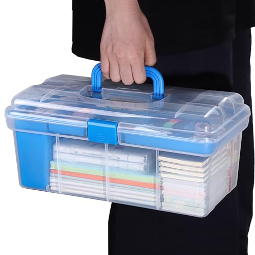 JUXYES Plastic Clear Craft Paint Bottle Storage Box with Divided Tray and Cleaning Cup, Portable Acrylic Paint Storage Organizer Case with Lid, Storage 36 Bottles of 2 fl. oz Acrylic Paints, Blue - color: Blue