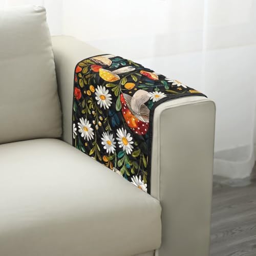 Mushroom Daisy Leaf Print Couch Arm Covers with 2 Pocket Storage Stain Resistant Sofa Armset Organizer for Magazine, Tablet, Phone Waterproof Sofa Chair Armrest Protector - color: Mushroom Daisy Leaf