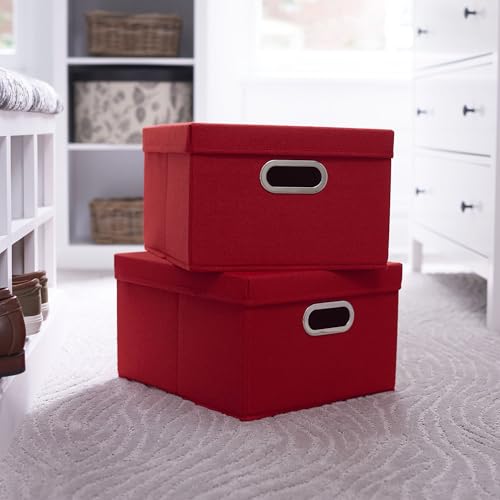 Household Essentials Storage Bins with Lids and Chromed Grommet Handles, Set of 2, Textured Linen Look, Red - color: Red, size: 2 Count