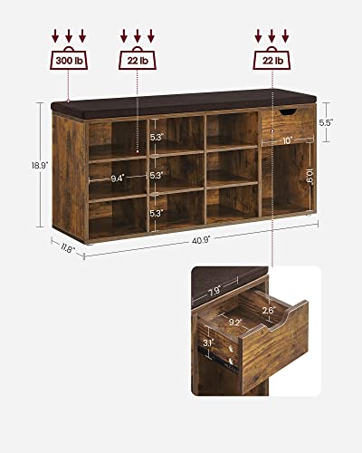 VASAGLE CUSTOS Collection - Storage Bench, Entryway Bench with Cushion, Drawer and Open Compartments, Bench with Storage, Living Room, Bedroom, Closet, Rustic Brown and Chestnut Brown ULHS024T01 - color: Rustic Brown + Chestnut Brown