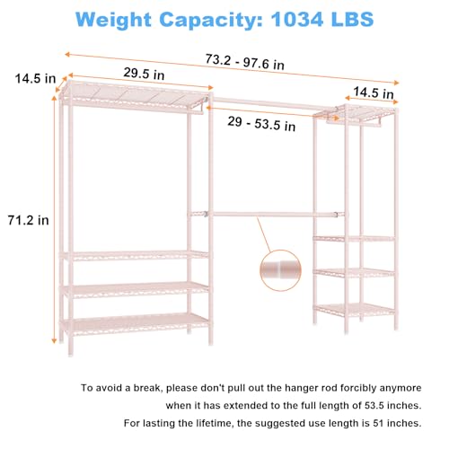 Ulif E11 Heavy-Duty Garment Rack, Metal Freestanding Clothes Rack and Closet Storage Organizer System with 8 Shelves and 4 Hanger Rods, (73.2-97.6)" W x 14.5" D x 71.2" H, Load 1034 LBS, Pink - color: Pink