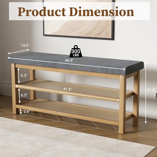 2 Tier Shoe Rack Bench with Cushion, Rubberwood Shoe Benches, Mid-Century Modern Shoe Storage Bench for Entryway, Hallway, Living Room, Closet, Front Door Entrance, Dark Grey - color: Dark Grey