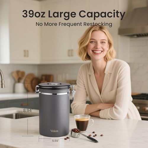 Veken Coffee Canister, 39OZ Large, Airtight Stainless Steel Food Storage Container for 2.2lbs Coffee Beans,Ground, Sugar,Espresso,Rice,Tea,Flour, Pod Baskets, Home Kitchen Bar Accessories, Gifts, Gray - color: Gray, size: 39 oz