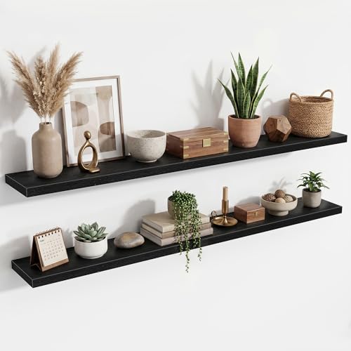 72 Inch Floating Shelves for Wall Set of 2,9.3" Deep Wall Shelves,Rustic Wood Wall Mounted Book Shelves with Invisible Brackets,Extra Long Floating Shelf for Living Room,Laundry Room,Bedroom,Black - color: Black, size: 72 Inch,Set of 2