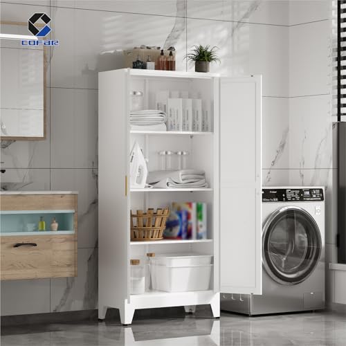 COFaR 61'' Tall Metal Storage Cabinet, Farmhouse Kitchen Pantry Cabinet with Doors and 3 Adjustable Shelves, White Metal Cabinets for Kitchen, Bathroom, Laundry, Garage, 4-Tier - color: White, size: 61 Tall 2 Doors-Tree Door