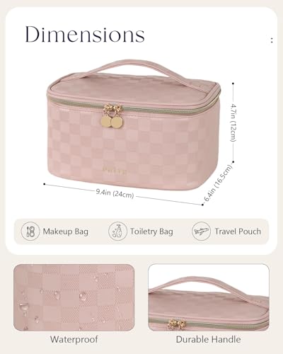 Prite Makeup Bag, Large Capacity Portable Travel Cosmetic Bag, Waterproof Makeup Organizer for Women with Handle and Divider (001 Checkered Pink) - color: 001 Checkered Pink