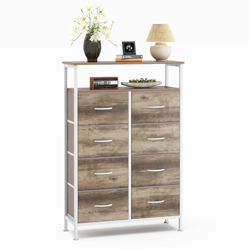 DUMOS Fabric Dresser for Bedroom with 8 Drawers, Tall 8-Drawer Chest of Drawers with Raised Shelf, Storage Tower with Fabric Bins for Closet Organization, Hallway Storage, Oak - color: Oak, size: 31.5"D x 45.9"W x 11.8"H (8 Drawers)