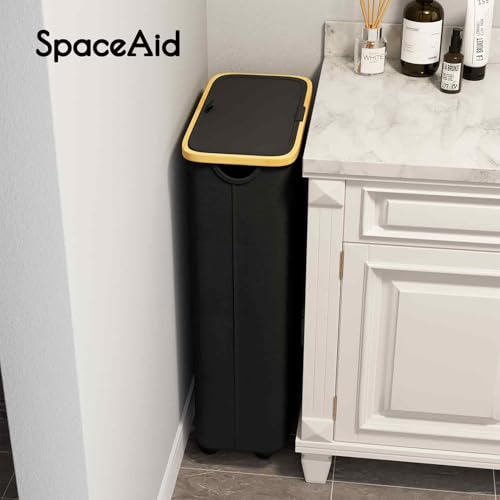 SpaceAid Slim Laundry Hamper with Wheels and Lid,62L Rolling Narrow Clothes Basket with Bamboo Handle, Large Laundry Hamper for Bedroom, Bathroom, Dorm, Laundry Room - Black - color: Black, size: 62 L