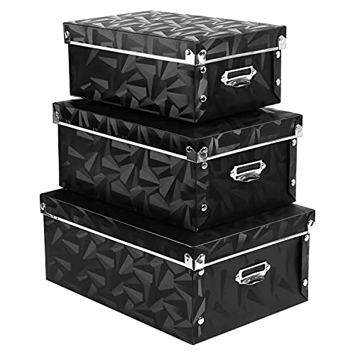 XUCHUN Storage Box with Lid 3 Pack, Collapsible Plastic Storage Bins with Lids, Stackable Foldable Keepsake Box for Photos Office Bedroom, 3 Sizes - Black - color: Black 3 pcs