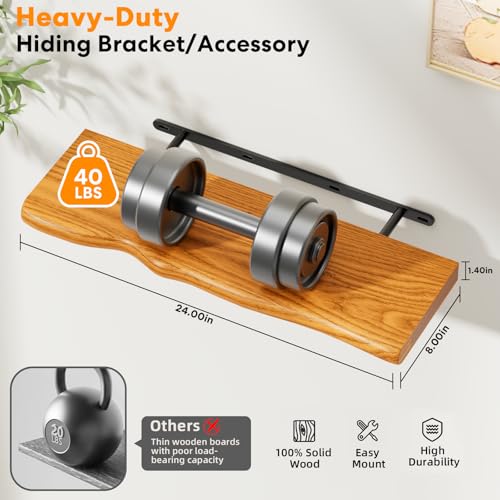 Floating Shelves for Wall Rustic Farmhouse 24 Inch Floating Shelf Wooden Shelves for Wall Mounted Live Edge Pine Shelf with Unique Natural Grain for Living Room Bedroom Kitchen (Honey Walnut) - color: Honey Walnut, size: 24 inch - 2pcs