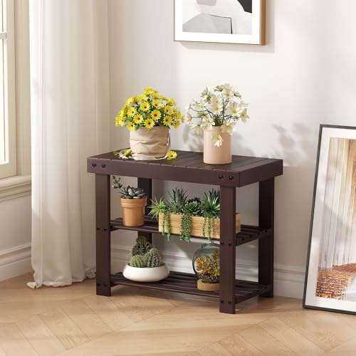 Sweetcrispy Shoe Rack Bench, 3-Tier Bamboo Entryway Storage Organizer, 286lb Capacity, Shoes Stand for FrontDoor Entrance, Bedroom, Living Room, Bathroom, Balcony, 19 Inches Length, Brown - color: Brown, size: 19 inches WIdth