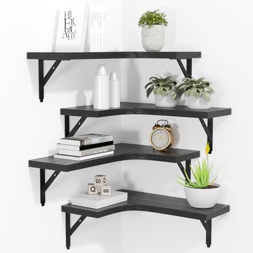 ROMGUAR CRAFT Corner Floating Shelves Wall Mounted Set of 4, Rustic Wood Storage Display Shelves for Home Decor, Bathroom, Kitchen, Bedroom, Living Room, Office (Black) - color: Black