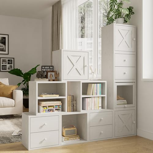 FUSUNBAO Magic DIY Cube Storage Organizer Stackable Cubes for Home Books Clothes Toy-Modular Cubby Storage System-Office Cubical-Bookcase Closet (French Oak,Drawer Cube) - color: Pure White-washed