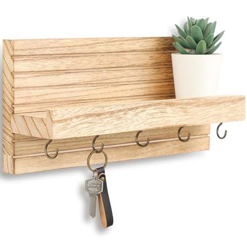 Lwenki Decorative Key Holder for Wall with Shelf, Entryway Shelf with Hooks Holds Leashes, Jackets and Glasses – Sturdy Wood Keyholder Entrance Hanger with Mounting Hardware (Wood, Medium) - color: Wood, size: Medium