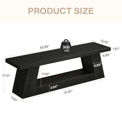 Tribesigns 63" Wooden Entryway Bench with Storage Shelf, Rustic Extra Long Bench, 2-Tier Narrow Hallway Seating Bench for Living Room, Bedroom, Kitchen(Black) - color: Black