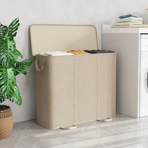 Lifewit Triple Laundry Hamper with Lid and Removable Laundry Bags, Large Collapsible 3 Dividers Dirty Clothes Basket with Handles for Bedroom Laundry Room Closet Bathroom College, 185L Beige - color: Beige, size: 185L