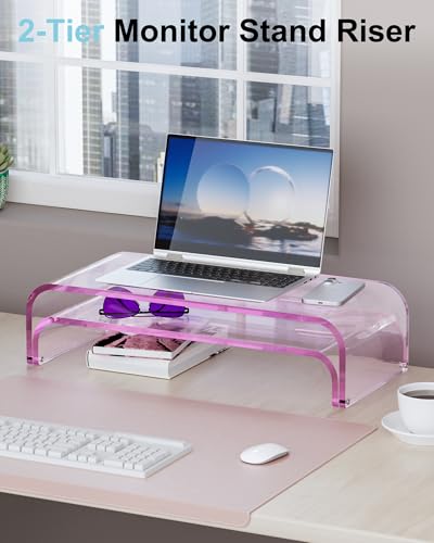 Acrylic Dual Monitor Stand Riser 2 Tier, Modular Laptop Stand for Desk, Multifunctional Desktop Organizer Shelf for PC, iMac, Printer, Detachable Monitor Stand for Office or Home, Pink - color: Pink