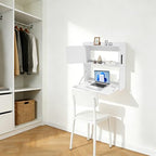 Wall Mounted Folding Desk with LED Light, Space-Saving Laptop Table for Home Office, Writing Workstation with Storage Shelves and Drawer, Floating Cabinet, 58x20x60cm (White) - color: White