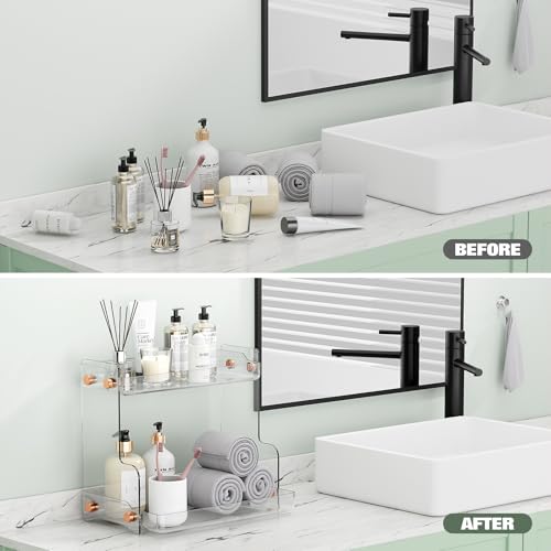 Bathroom Countertop Organizer, 2 Tier Clear Plastic Vanity Organizer with Adhesive Support, Space Saving Storage Shelf for Skincare, Perfume, Makeup and Daily Essentials - color: Clear