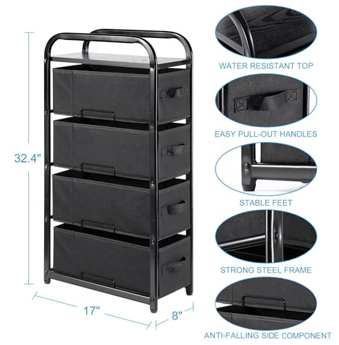 MAX Houser 4 Drawer Narrow Dresser Fabric Storage Tower Vertical Slim Storage Chest Organizer Nightstand Side/End Table Small Standing Organizer Removable Drawers Wood Top for Bedroom, Bathroom（Black) - color: Black4