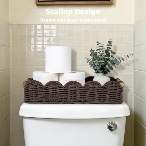 CubesLand Bathroom Basket Organizer w/Cut Out Handle, Back of Toilet Paper Storage Baskets Tray for Bathroom Countertop Decorative, Scalloped Wicker Basket Also for Home Decor, Living Room, Brown - color: Brown