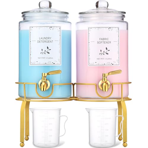 Glass Laundry Detergent Dispenser- 1 Gallon Glass Fabric Softener Dispenser with Leak-Proof Stainless Steel Faucet & Stand. Large Laundry Soap Container for Washer Room Organization &Storage