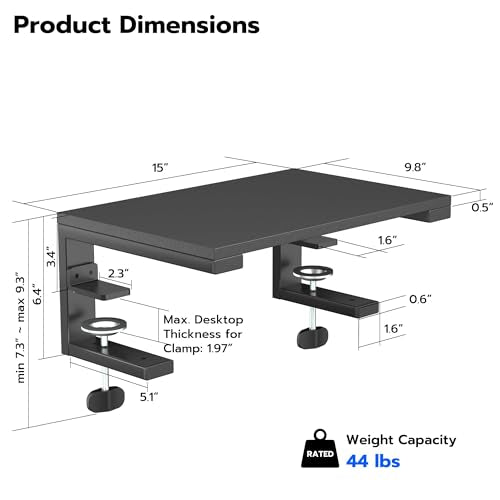 ARES WING Clamp-On Desk Extender & Monitor Shelf – 15" x 9.8" Space Booster, Freestanding or Clamp Mount, Holds 44 lbs, No Drill Desktop Organizer for Office/Gaming, Black - size: 15“, style: no hook