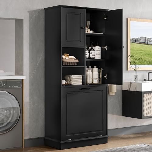 Virubi Tall Laundry Cabinet with Tilt Out Hamper, Wood Tall Laundry Room Cabinets with Doors, and Adjustable Shelves, for Bathroom Storage Organization, Freestanding, Black - color: Black, size: 29.9"x14.2"x67.7"