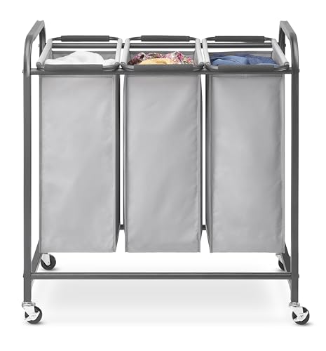 Whitmor Triple Laundry Sorter - 3 Removable Bags with Easy-Grip Handles - Rolling Laundry Sorter - Grey - size: 3 Section A，Grey