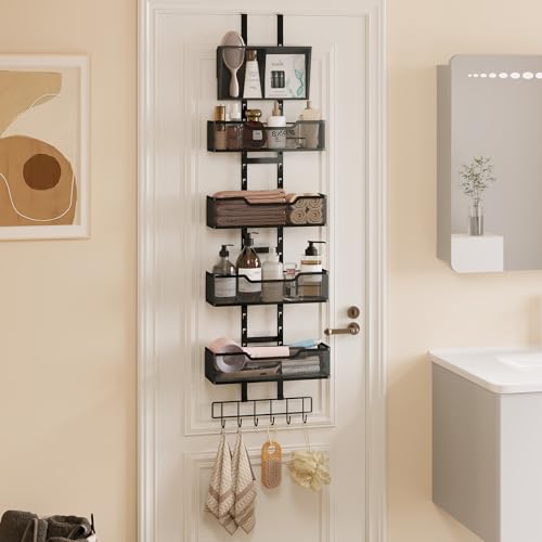 Hongtamoya Adjustable Over The Door Organizer, Closet Door Organizer Heavy Duty Hanging Door Storage with 4 Metal Baskets and PVC Pocket, Behind Organizer for Bathroom Closet Bedroom Cabinet, Black - color: Black