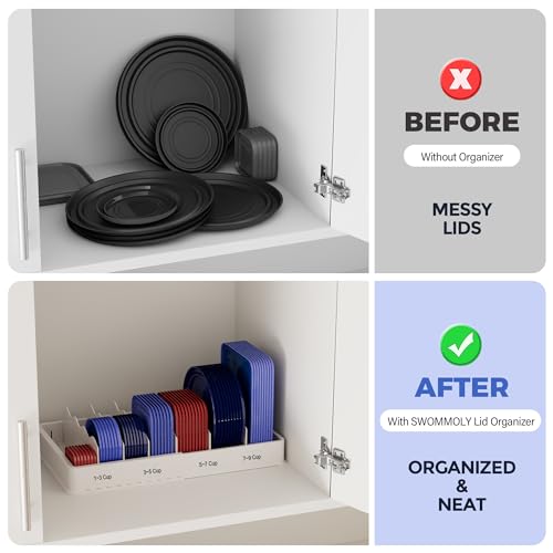 SWOMMOLY Expandable Food Storage Container Lid Organizer, Includes 6 Adjustable Dividers, 30 Preprinted and Blank Writable Labels, White - size: Large