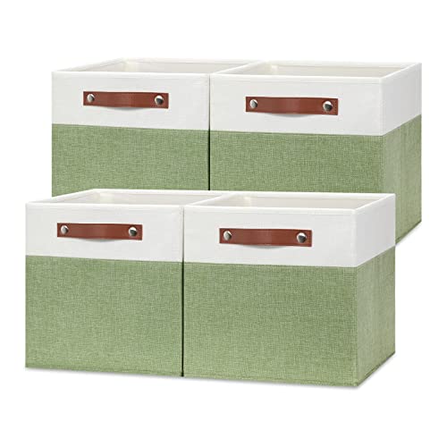 Temary 12 Inch Fabric Storage Cubes Storage Bins with Leather Handles, 4 Pack Cube Baskets Bins for Organizing Closet, Foldable Cloth Baskets for Shelves (White&Green) - color: White&Green, size: 12×12×12