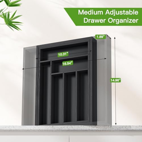 Pipishell Bamboo Expandable Drawer Organizer for Utensils Holder, Adjustable Cutlery Tray, Wood Drawer Dividers Organizer for Silverware, Flatware, Knives in Kitchen, Bedroom, Living Room(M-Black) - color: Black, size: Medium