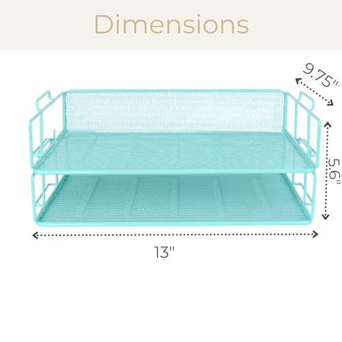 BLU MONACO Aqua Mesh Paper Tray Set of 2 | Stackable Letter Trays for Desk Storage | Metal Document Holder and File Organizer for Home, Office and School | 13” x 9.8” x 5.6” Workspace Organizer - color: Aqua