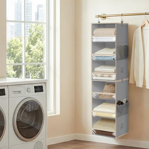 STORAGE MANIAC 6-Shelf Hanging Closet Organizer and Storage, 2 Separable 3-Shelf Haning Organizers for Closet, Collapsible Hanging Shelves Wardrobe Organization, College Dorm Room, Nursery, Gray - color: Grey