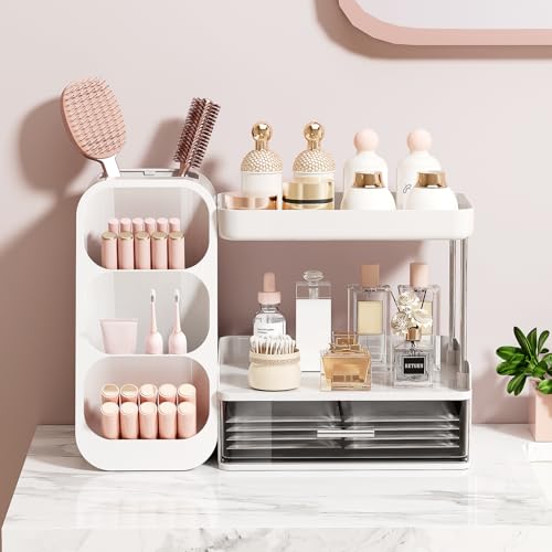 Makeup Organizer for Vanity with Brush Holder, 2 Tiers Countertop Skincare, Cologne Organizer and Perfume Stand for Men Bathroom Vanity, Large Capacity Makeup Storage, Black - color: White+Clear, size: Large