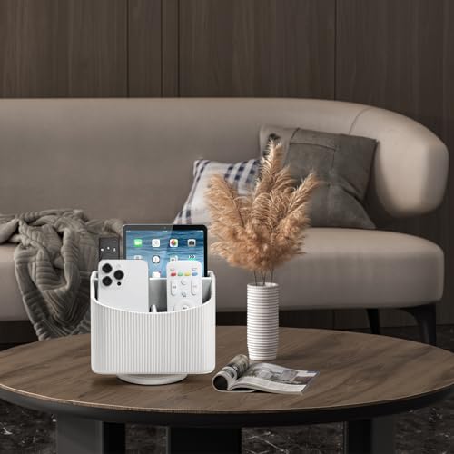 PU Leather Remote Control Holder, 360 Degree Rotating Desk Organizer Storage Table Remote Caddy, Spinning Bedside Organizer Nightstand Organizer for Desktop Office Home (White) - color: White