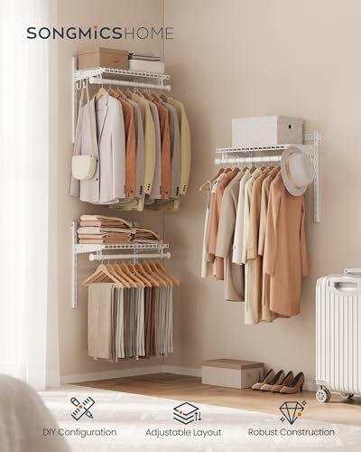 SONGMICS HOME Closet System, Closet Insert Organizer, 2-4 ft, Adjustable Metal Shelving Unit with 4 Hanging Rods, 4 Shelves, and Hooks, for Pantry Mudroom Garage Basement, Cloud White URGR031W01 - size: 2 Tier