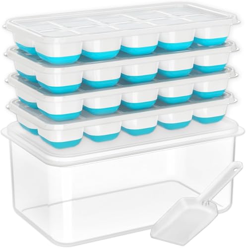 DOQAUS Ice Cube Tray with Lid and Bin - 4 Pack Silicone Ice Cube Trays for Freezer, Stackable Ice Bucket Kits with Storage Container & Scoop for Kitchen, RV, Cocktail, Coffee - color: Blue