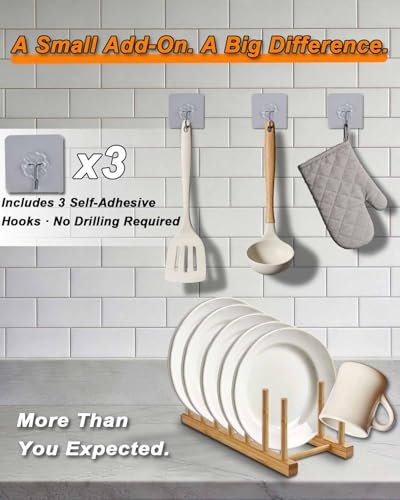 Bamboo Dish Rack, Stylish Vertical Wooden Plate Holder & Drainer, Multi-Purpose Kitchen Cabinet Organizer for Dishes, Pots, Lids, Bowls, Cups & Cutting Boards