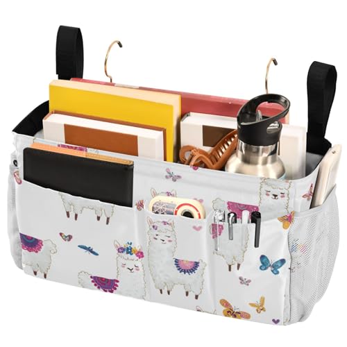 Bedside Caddy Metal Frame Hanging Organizer Bunk Bed Dorm Accessories Hook And Loop Storage Bag Large Pockets Hearts Llamas Butterfly - color: Hearts Llamas Butterfly