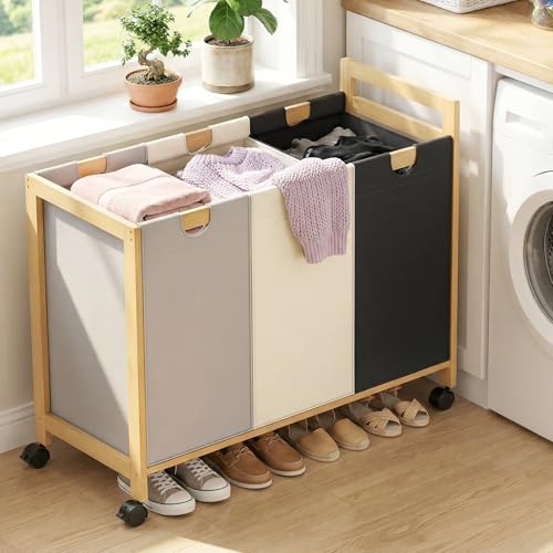 Homykic 250L Laundry Sorter Cart with Wheels, 3-Section Rolling Laundry Basket with Removable Bags, 66 Gal Large Laundry Hamper Organizer, Heavy Duty Bamboo Frame, Water-Resistant, Multicolor - color: Multicolor