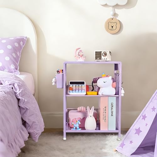 Purple Nightstand, End Table with Hooks and Holder, Kids Nightstand for Bedroom, Toddler Bedside Table, Small Desk for Girls, Coffee Table for Living Room, Dorm, Office (Purple) - color: Purple