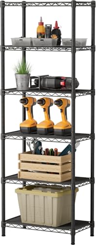 SINGAYE 6 Small Wire Shelves Kitchen Pantry Close Home Organizers and Storage Bathroom Shelf Laundry Room Organization Adjustable Book Metal Garage Shelving Unit - color: Black, size: 6-Tier 9.92"D X 15.72"W X 60."H
