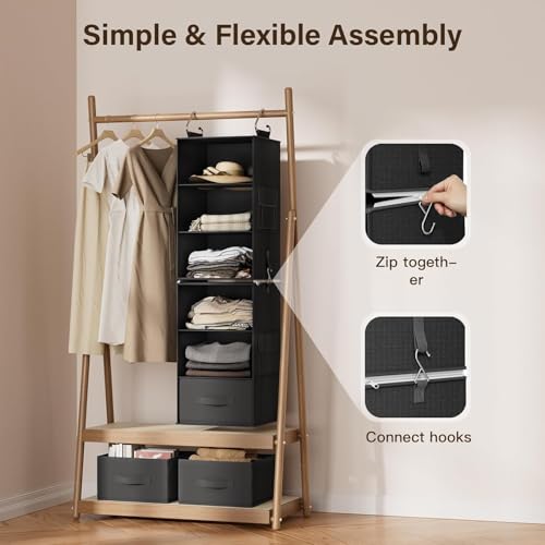 Pipishell 6-Shelf Hanging Closet Organizer with 2 Separable 3-Tier Shelves, 3 Drawers & Side Pockets Closet Organizers and Storage for Wardrobe Organization and Nursery Clothes Organizer, Black - color: Black