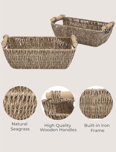 StorageWorks Small Baskets for Shelf, Seagrass Woven Basket with Wooden Handles for Gifts, 2-Pack - color: Natural(Seagrass), size: Small